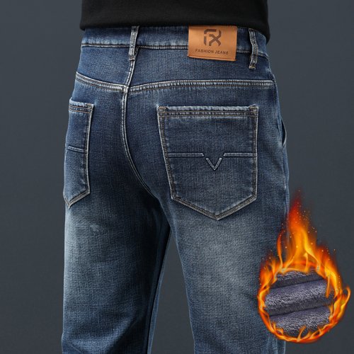 Bild von 2024 Winter Warme Jeans männer Fleece Verdickt Dünne Gerade Hosen Mode Stretch Baumwolle Casual Denim Hosen Marke Kleidung