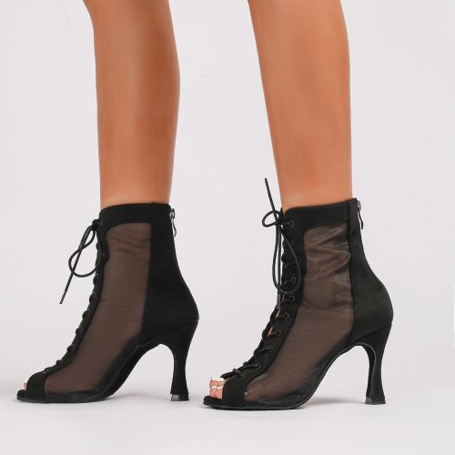 Immagine di Eleganti Tacchi Alti Sexy in Pelle Scamosciata Nera e Marrone con Sandali in Rete – Scarpe da Ballo per Donne, Perfette per Latino, Jazz e Danze di Quattro Stagioni