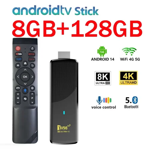 Bild von TV98 ATV X9 TV Stick mit 8 GB RAM und 128 GB Speicher, Android 14.0, Allwinner H313, Viertkern-Prozessor, Wi-Fi, 4G/5G, Bluetooth 5.0, Sprachassistent, HD 4K/8K, IPTV – Moderner Streaming-Stick für Ihr Smart-TV