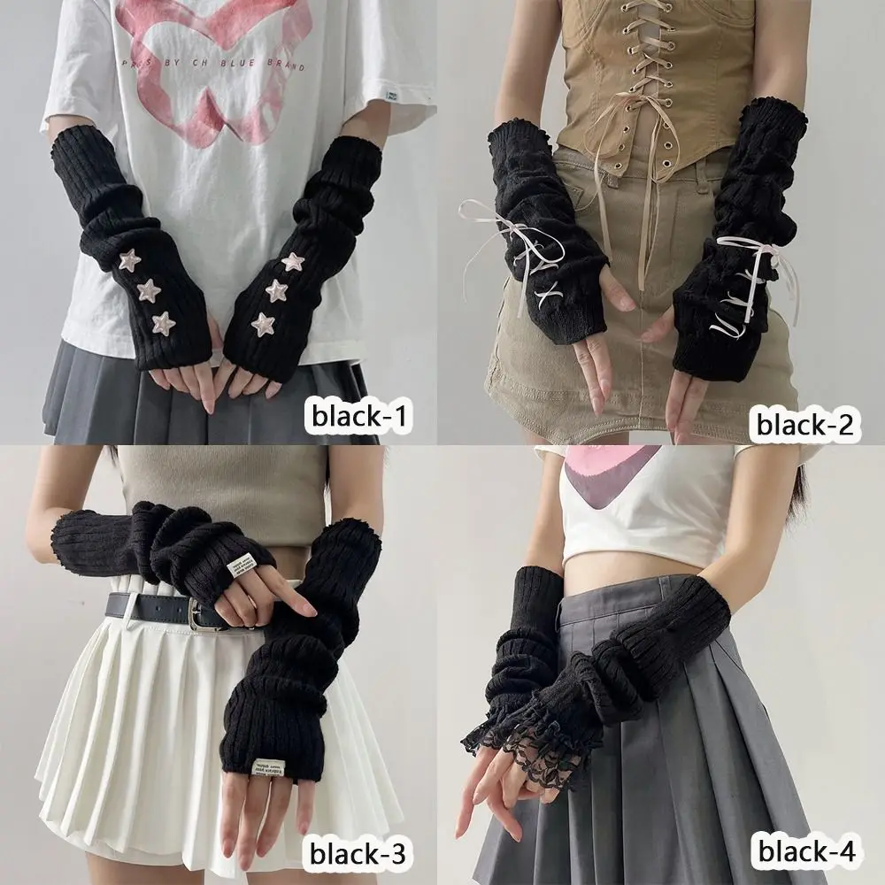 Afbeelding van Gebreide Vingerloze Lange Polshandschoenen - Warme Armwarmers met Valse Mouwen in Zwart en Wit