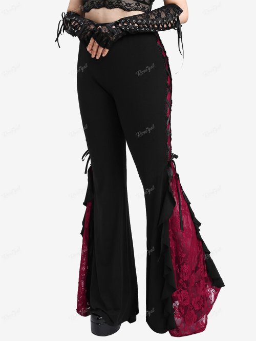 Image of Gothic Lace Panel Ruffle Flare Pants for Women – Plus Size Elastic Waist Bell Bottoms with Colorblock Design and Lace-Up Detail
