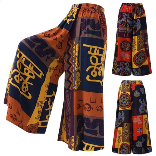 Immagine di Pantaloni a Gamba Larga Etnci per Donna - Stile Yoga Harem, Gypsy Hippie, Thai Boho, Aladdin con Vita Arricciata