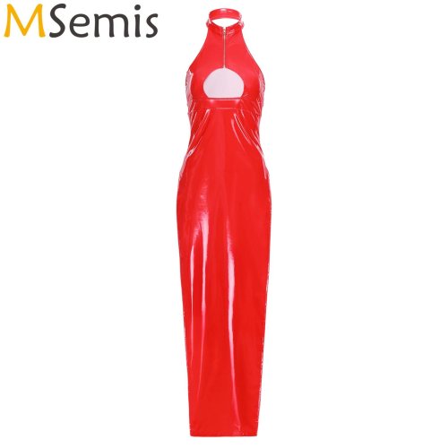 Immagine di Abito Lungo Aderente in Pelle PU per Donna, Stile Punk Gotico con Scollo All'Americana e Spacco Sul Petto – Abbigliamento Sexy per Feste e Rave