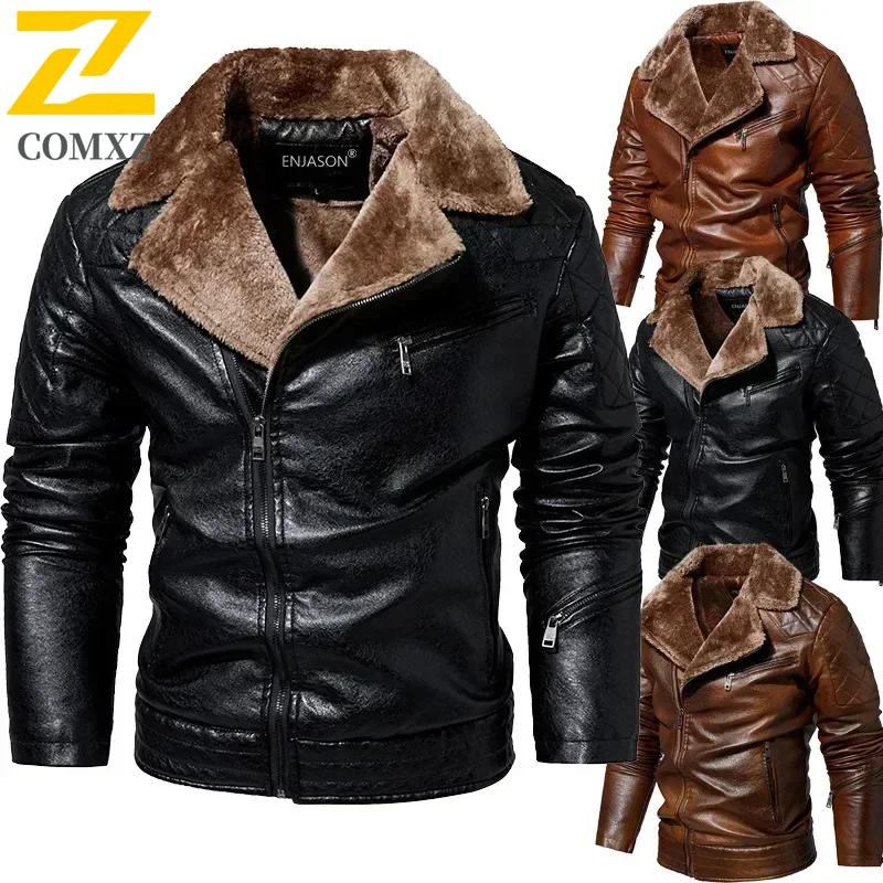 Image of Fashion Warm Winter Mens PU Leather Jacket With Fur Collar Thicken Fleece Motorcycle Coat Casual Faux Leather Locomotive Jacket