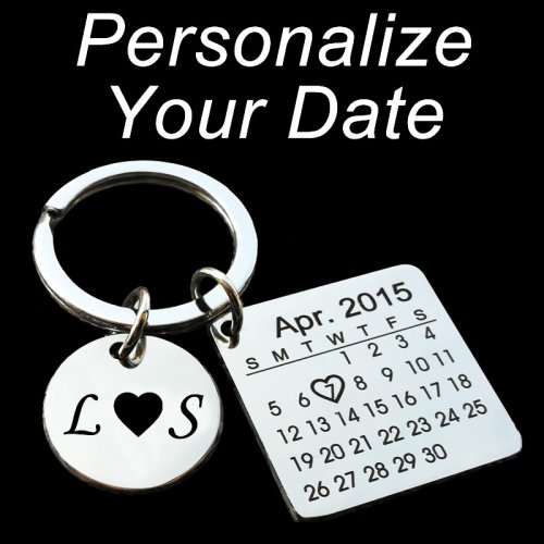 Image of Personalized Engraved Calendar Keychain with Hand-Stamped Date and Heart Design – Customizable Signature Key Ring for Anniversary or Special Occasion