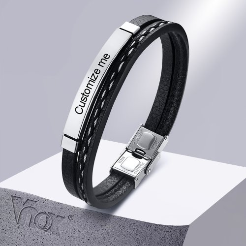 Imagen de Pulseras de Cuero Multicapa para Hombres y Mujeres con Brazalete de Acero Inoxidable Personalizado, Grabado a Medida, Regalo Ideal para el Día del Padre y Papá