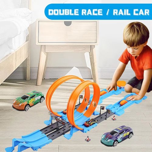 Bild von Stunt-Geschwindigkeits-Doppelauto mit Rädern – Modellspielzeug für Kinder, Racing-Track DIY-Montage, Schienen-Kit, pädagogisches interaktives Spielzeug für Kleinkinder