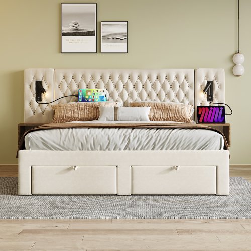 Image de Lit Capitonné avec Tables de Chevet et USB - Design Élégant