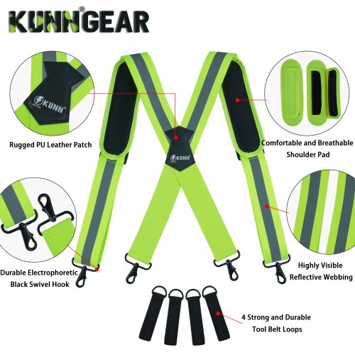 Image of Heavy-Duty Reflective Safety Work Suspenders with Tool Belt Loops and Padded Shoulder Straps for Maximum Comfort and Durability