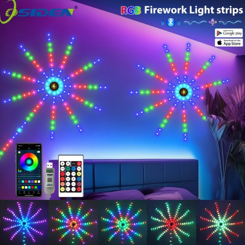 Image of RGB Firework Flexible LED Strip Lights with Bluetooth Remote and Voice Control – 5V USB Powered Christmas Decor for Bedroom and Home