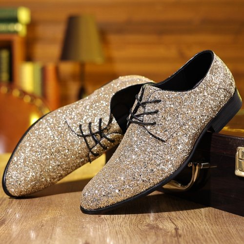 Immagine di Scarpe Eleganti da Uomo di Lusso con Paillettes Oro e Argento, Oxford Stringate di Alta Qualità, Scarpe Basse Firmate per Occasioni Speciali in Taglie Grandi