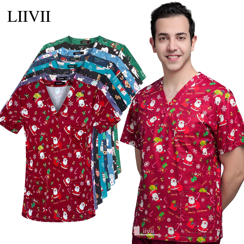 Afbeelding van Unisex Medisch Verpleegster Uniform Kerst Print Scrubs Tops Vrouwen Mannen Kerstman T-shirt Spa Kliniek Ziekenhuis Gezondheidszorg Spa Blouse