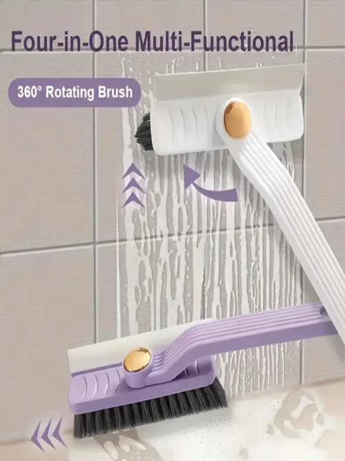 Image of Eco-Friendly 4-in-1 360° Rotating Natural Bristle Scrubber Brush with Clip Scraper for Bathroom, Kitchen & Floor Cleaning