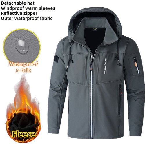 Afbeelding van Waterdichte Winterjas voor Heren met Fleecevoering en Afneembare Hoed – Warme Outdoor Jack met Winddichte Bescherming
