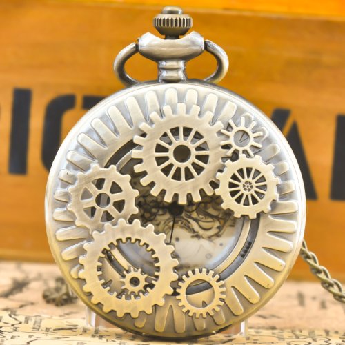 Bild von Vintage Bronze Steampunk Uhr mit Kupferausschnitt und Getriebe-Design – Elegante Quarz-Taschenuhr als Halskette-Anhänger für Männer und Frauen