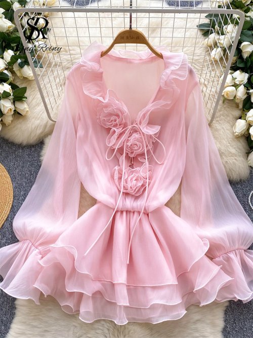 Imagen de Vestido Corto de Playa Floral 3D para Mujer con Manga Larga, Cordones y Volantes de Gasa – Estilo Bohemio Vintage y Transparente Ideal para Verano
