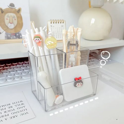 Image of Clear 3-Grid Pen Holder Box with Transparent Design – Versatile Cosmetic Organizer for Makeup Brushes, Pens, and Desk Essentials