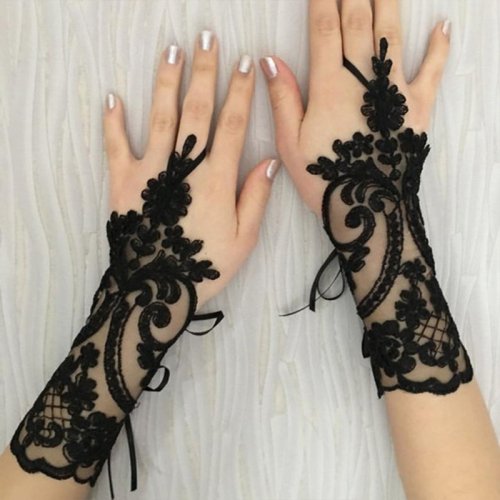 Image of Elegant Lace Fingerless Wedding Gloves in White and Black – Stylish Bridal Accessories for Women, Perfect for Weddings, Parties, and Halloween Costumes