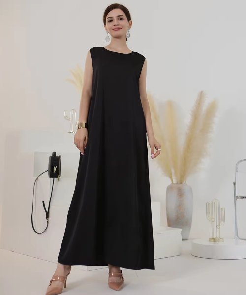 Afbeelding van Elegante Mouwloze Satijnen Abaya Jurk voor Vrouwen – Lange Islamitische Kleding met Innerlijke Basis, Zomerse Causale Stijl
