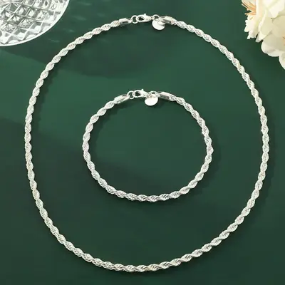 Image de Collier & Bracelet en Argent Sterling 925 - Style Torsadé pour Hommes & Femmes