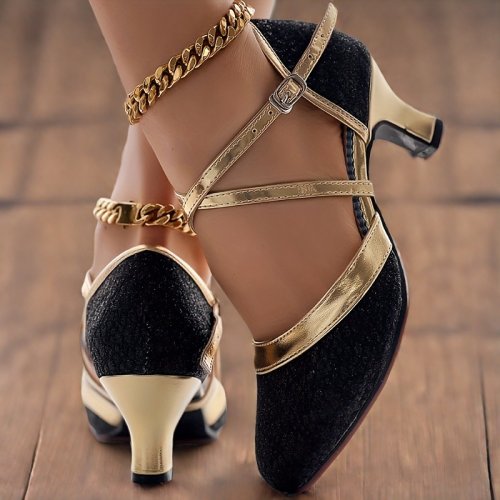 Immagine di Scarpe da Ballo Latino per Donna con Tacco Medio 3,5-5 cm, Suola Morbida e Design Quadrato per Danza Sociale all'Aperto