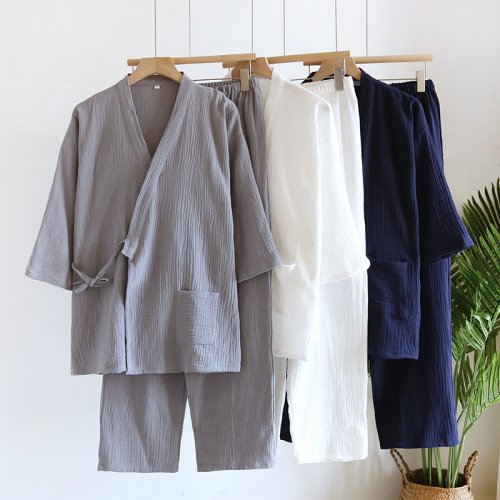 Image of Men's Japanese Kimono-Style Pajama Set in Lightweight Gauze Cotton – Spring and Autumn Loose-Fit Sleepwear with Lace-Up Top and Comfortable Pants