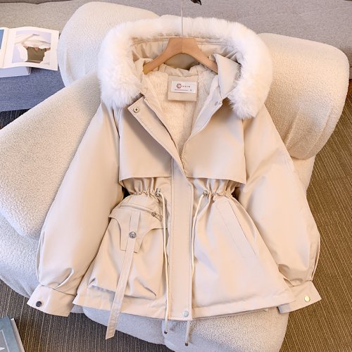 Immagine di Cappotto Donna Media Lunghezza con Cappuccio e Collo in Pelliccia Foderato in Pile Plus Size Stile Coreano per Autunno-Inverno