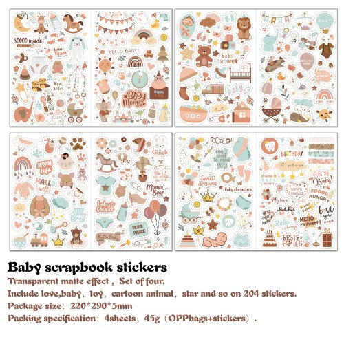 Immagine di Adesivi per Album dei Bambini - 4 Fogli di Stickers per Scrapbooking, Neonati e Artigianato Fai da Te