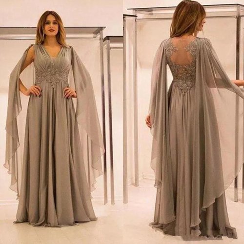 Image of Elegant Plus Size Mother of the Bride Dress 2023 – A-Line V-Neck Chiffon Gown with Beaded Appliques and Formal Long Design for Wedding Events