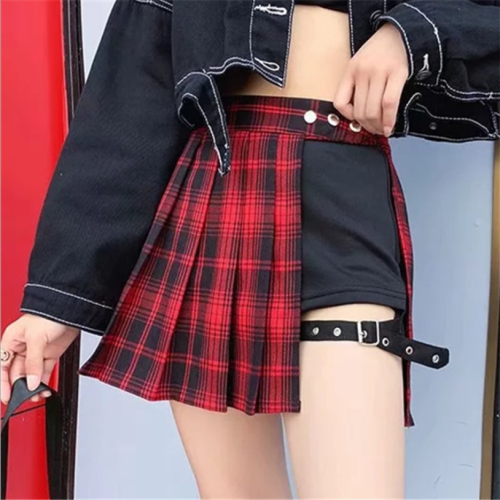 Image of Stylish Red Tartan Pleated Mini Skirt for Women – Casual Plaid Side Button Design with Fashionable Streetwear Appeal