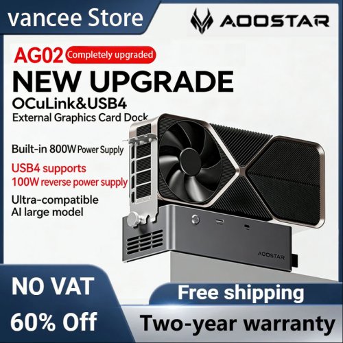 Bild von AOOSTAR AG02 EGPU Dock – OCuLink + USB4 Dual Ports, PCIe 4.0 x4 64 Gbit/s, 500 W Netzteil, unterstützt 350 W Grafikkarte für Laptop Mini PC