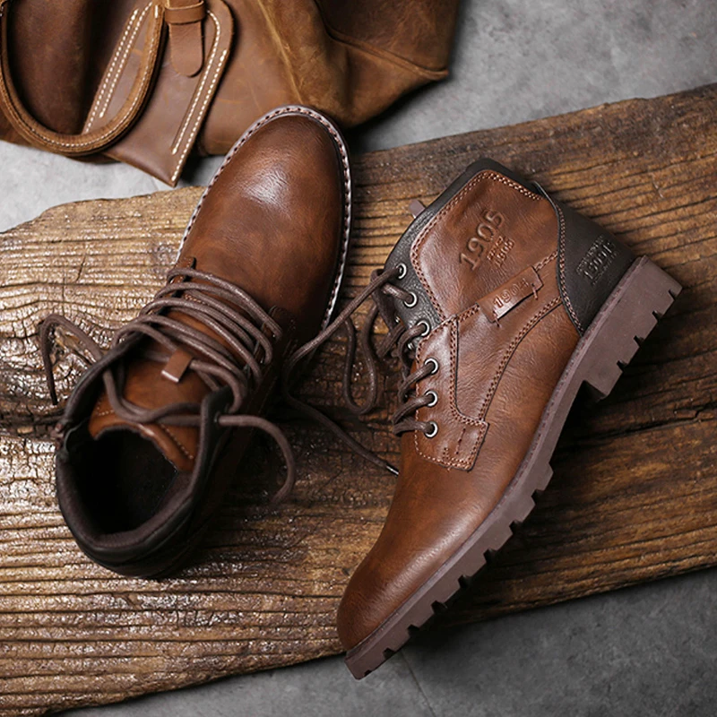 Bild von Vintage Männer Stiefel 2025, Neue Herbst Winter Schuhe Hohe Qualität männer Leder Seite Zipper männer Stiefeletten Zapatos para Hombre Männlich