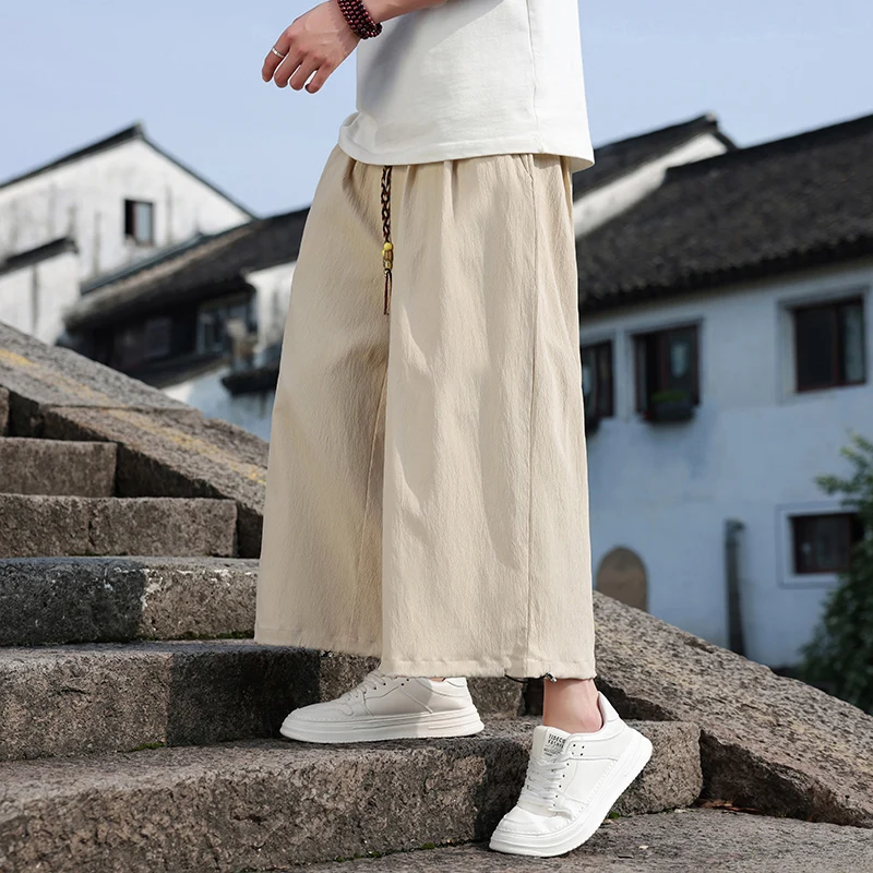 Image of Men's Chinese Style Ankle-Length Loose Harem Pants - Lightweight, Straight Wide Leg Casual Fashion Trousers in Sizes M to 5XL