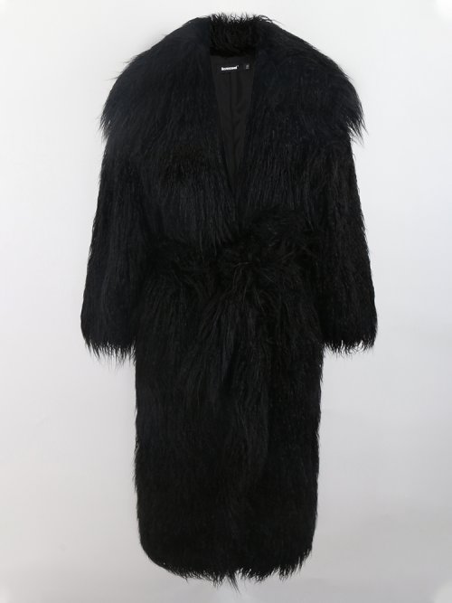 Imagen de Abrigo de Piel Sintética Invernal para Mujer, Color Blanco y Negro, Textura Peluda y Esponjosa, Diseño Elegante con Cinturón y Solapa, Caliente y Suave, Imitación de Mongolia, Estilo Moderno 2023