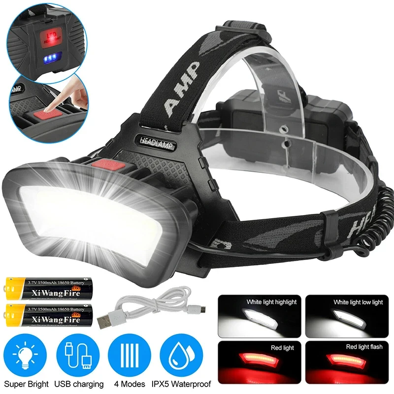 Zdjęcie Potężna latarka czołowa LED COB 4 tryby oświetlenia Szerokokątny reflektor ładowany przez USB Użyj baterii 18650 Outdoor Camping Latarnia wędkarska