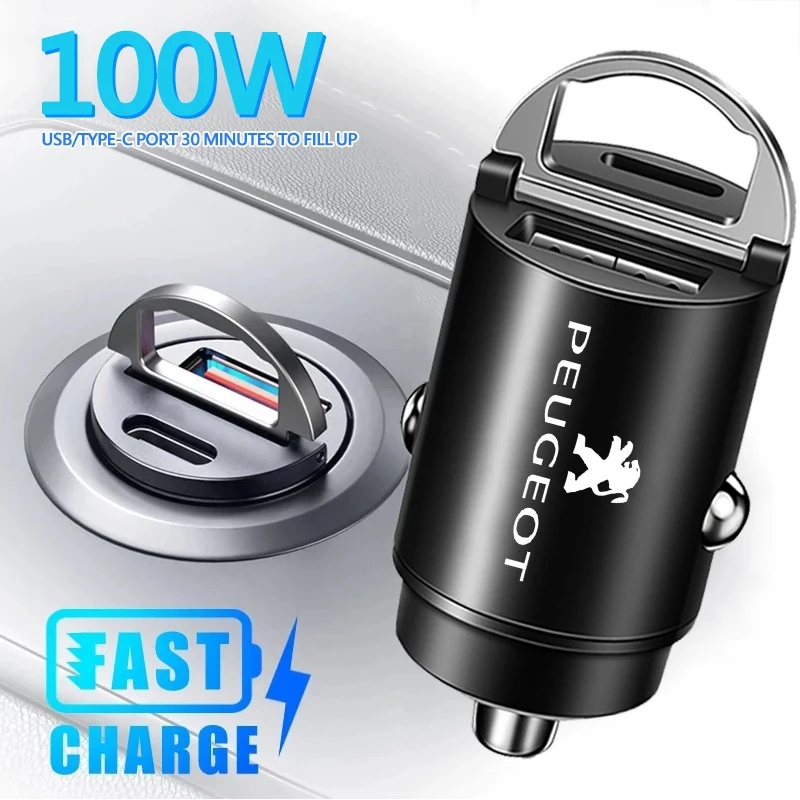 Imagen de Cargador de Coche USB Tipo C de 100W con Carga Rápida QC 3.0 y PD para Vehículos Peugeot: 206, 3008, 208, 308, 307, 2008, 207, 107, 508, 5008, 4008