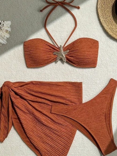 Bild von Sexy Metall-Seestern-Bikini-Set für Damen in Braun – Bandeau Push-Up Mesh Rock, 3-teiliger Badeanzug 2025 für Strand, Urlaub und Badebekleidung