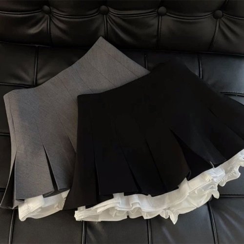 Image of Mooyufon Women's Black High-Waisted Ruffle Mini Skirt with Korean Patchwork Design, Pleated A-Line Kawaii Style for Everyday Wear