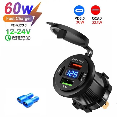 Afbeelding van Autolader Socket Dual Type-C & Dual USB 4 Poorten Snel Opladen Socket Waterdicht met Voltmeter 12 V/24 V Voor Auto Boot Motor