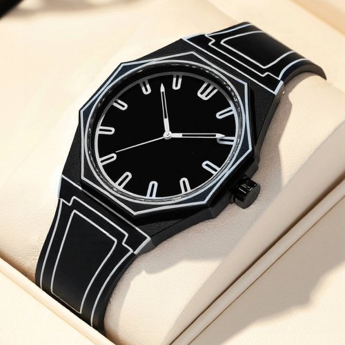 Imagen de Reloj de pulsera de cuarzo de lujo para mujer, banda de silicona suave, resistente al agua, estilo cómic, moderno, minimalista, negro y blanco