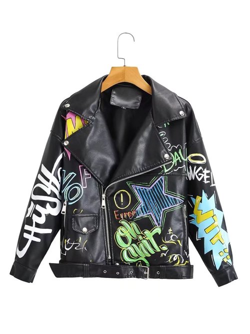 Immagine di Cappotto di marca di moda Giacca in pelle PU Donna Stampa colorata Graffiti Cappotti punk morbidi Giacca corta da locomotiva sottile Top in pelle