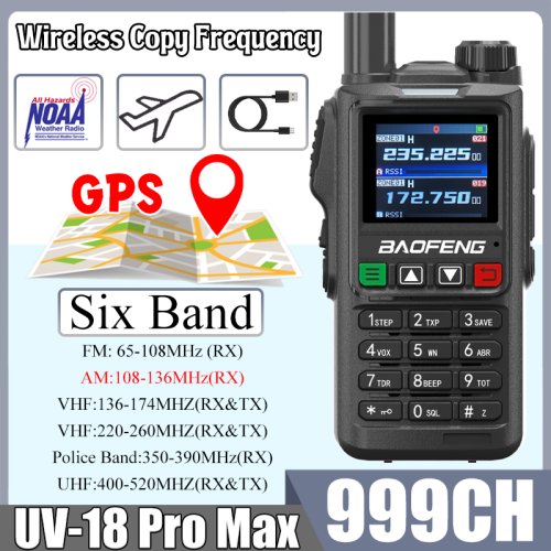 Immagine di UV18 Pro Max GPS Baofeng Walkie Talkie Sei bande AM FM Frequenza di copia wireless ad alta potenza NOAA 999CH Radio UV-17 Pro a lungo raggio