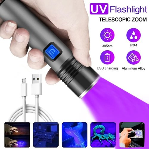Bild von 395 nm UV-Taschenlampe mit Schwarzlicht, Zoomfunktion und USB-Wiederaufladbarkeit – Ultraviolette Taschenlampe für Haustierurin-Detektion und Harzhärtung