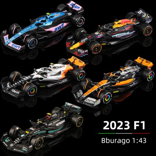 Immagine di Modello Auto da Corsa F1 1:43 Bburago 2023 – RB19, W14, SF23, C43, A523, AMR23 in Lega – Red Bull, Mercedes, Alfa Romeo, Alpine – Collezione di Veicoli da Competizione