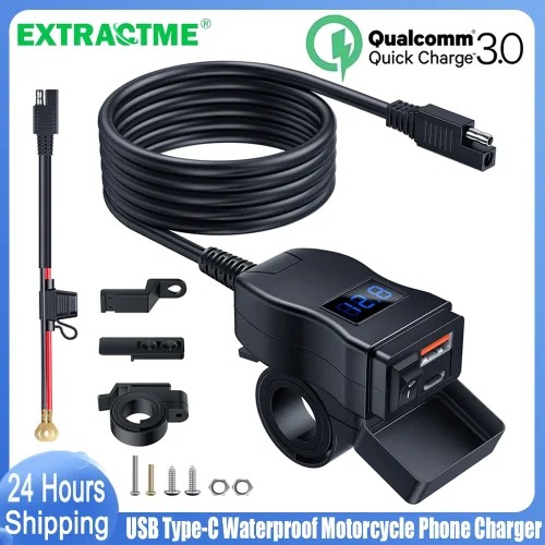 Image of Universal Waterproof Motorcycle USB Charger with 12V Socket and Voltmeter – Handlebar Mount Quick Charge Adapter for Phones, GPS, and More