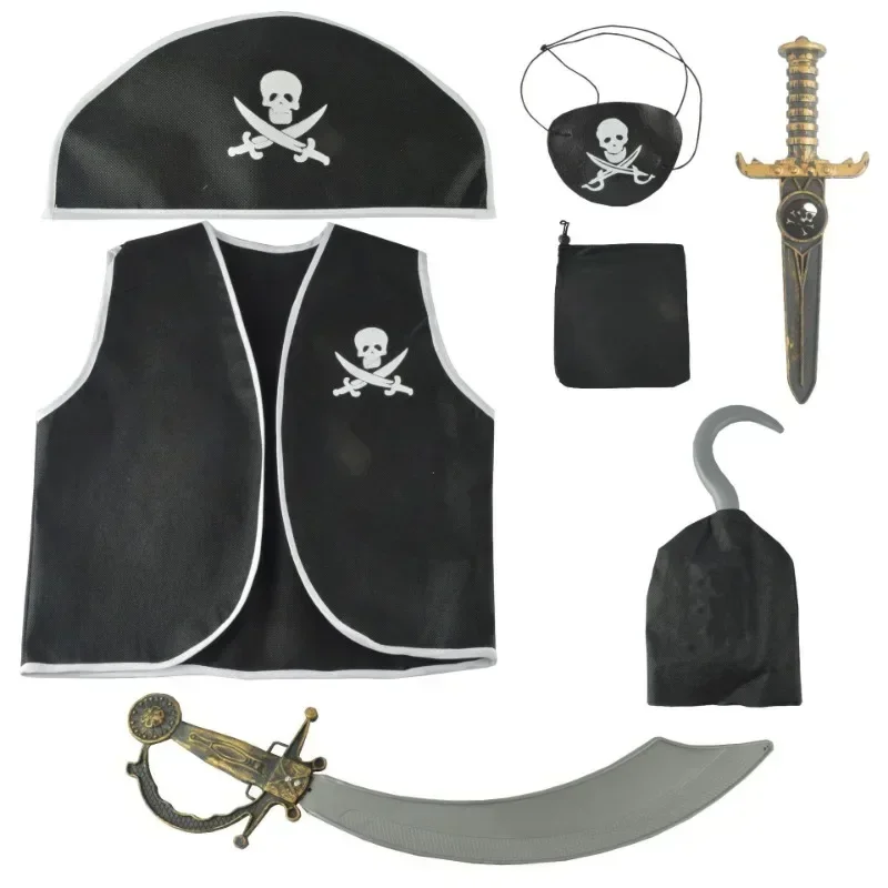 Zdjęcie Kostium Pirata dla Dzieci – Czarna Kamizelka, Kapelusz z Piórem, Hak, Torba i Cień na Oczy – Kompletny Zestaw do Halloween i Imprez Cosplay