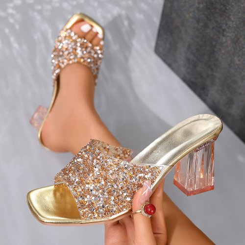 Zdjęcie Eleganckie damskie sandały na wysokim obcasie z kryształami – letnie buty na grubym obcasie z kwadratową piętą i otwartą przodową częścią