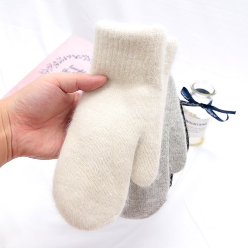 Image of Cozy Winter Cashmere-Blend Knitted Mittens for Women and Girls – Soft, Warm, Full-Fingered Wool Gloves with Faux Fur Trim in Solid Black