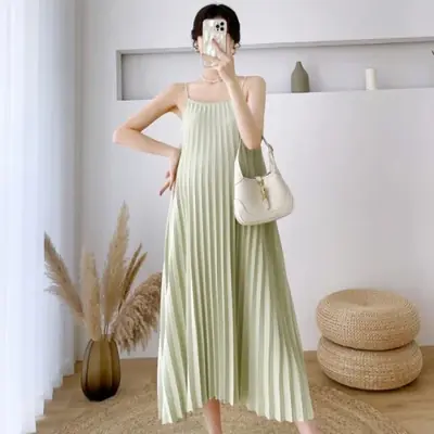Image de Robe de Grossesse Plissée Beige Rose - Élégance & Confort