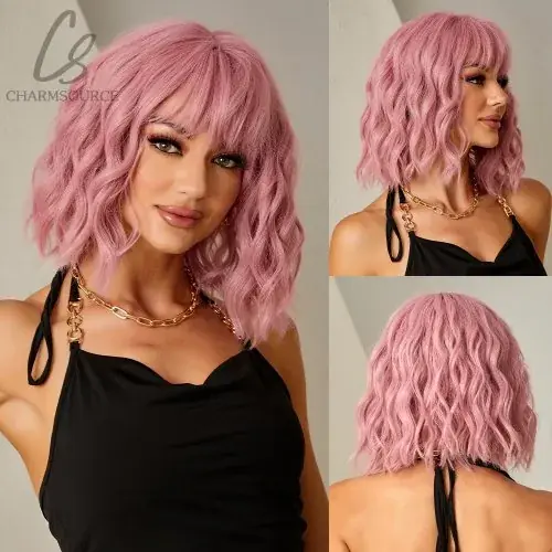 Image de Perruque Rose Ondulée Courte - Style Naturel & Chaleureux